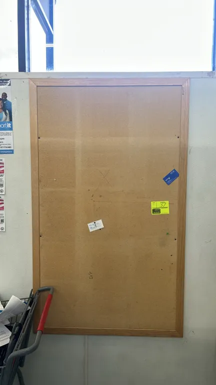 Wood-framed cork bulletin boards. Includes (1) 3' x 5' board and (1) 2' x 3' board. Features natural cork tack surfaces with wood-finish frames. Wall