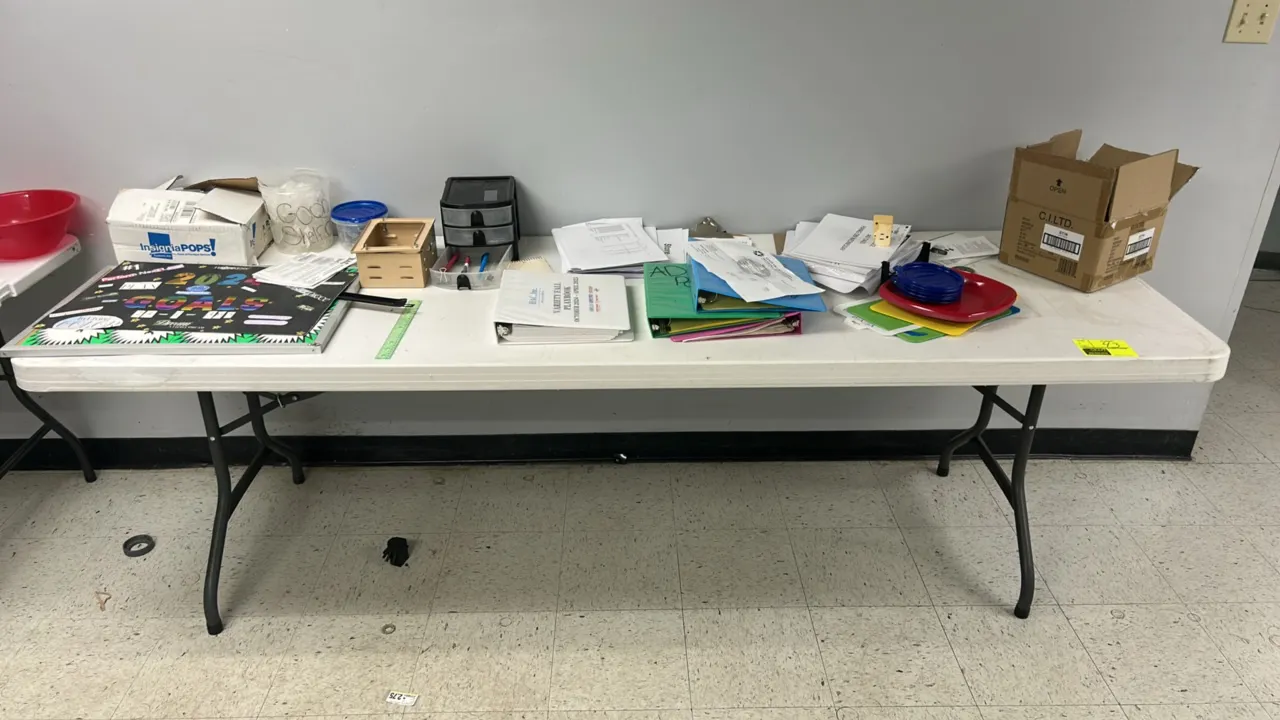 Polyethylene folding tables. Includes (1) 96" x 30" table and (1) 72" x 30" table. Features white molded polyethylene tops and folding metal legs. Con