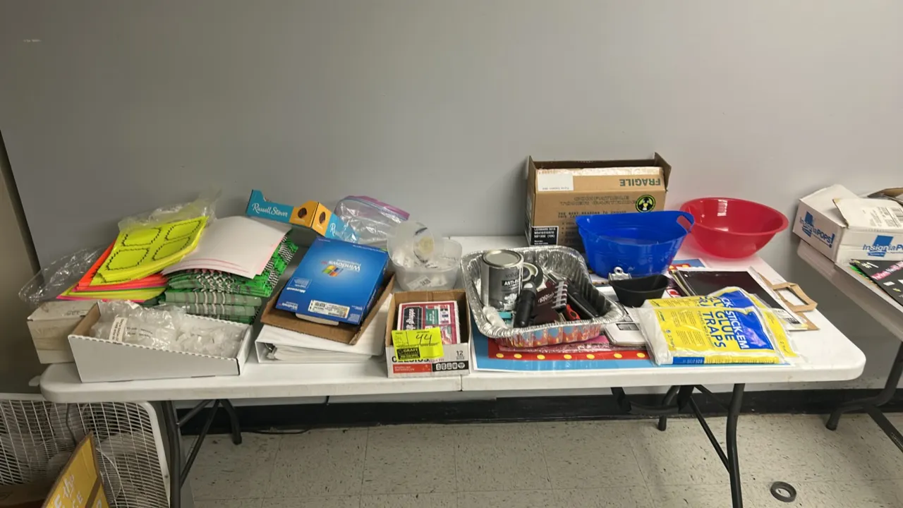 Assorted retail supplies and tabletop contents. Includes JT Eaton Stick-Em glue traps, fluorescent burst promotional sign paper, plastic shelf clips,