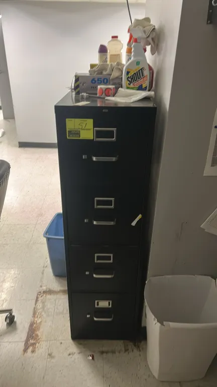 Metal 4-drawer vertical filing cabinet. Features a black finish, silver-tone drawer pulls, and integrated label card holders. Contents not included.