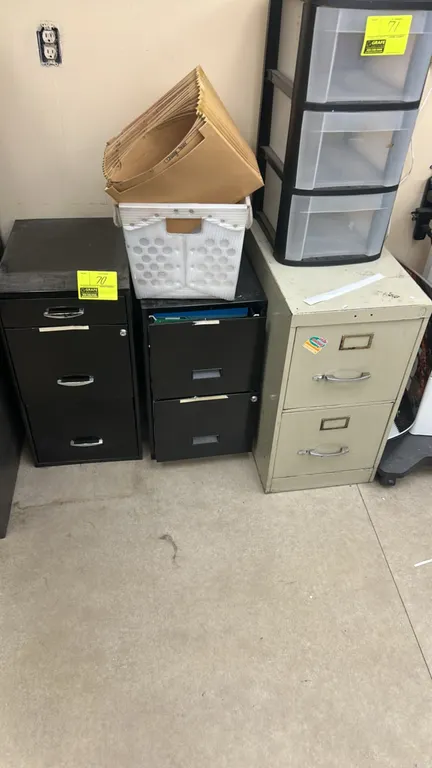 Metal filing cabinets. Features steel construction in 2-drawer and 3-drawer configurations, pull handles, integrated drawer locks, and assorted black