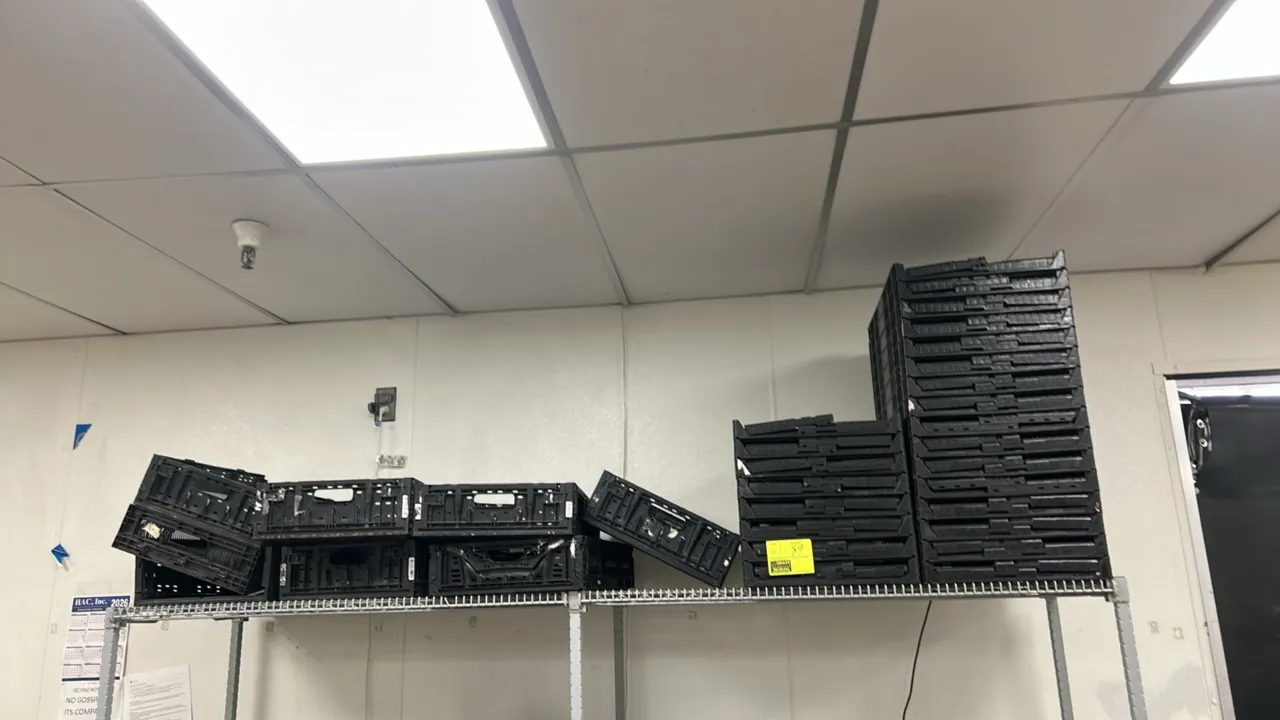 Collapsible plastic produce crates. Features black molded poly construction, folding collapsible sides, integrated hand holes, and ventilated design.