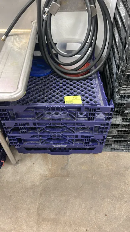 Poly collapsible crates. Features ventilated molded plastic construction with integrated carry handles. Hose and background equipment not included.
