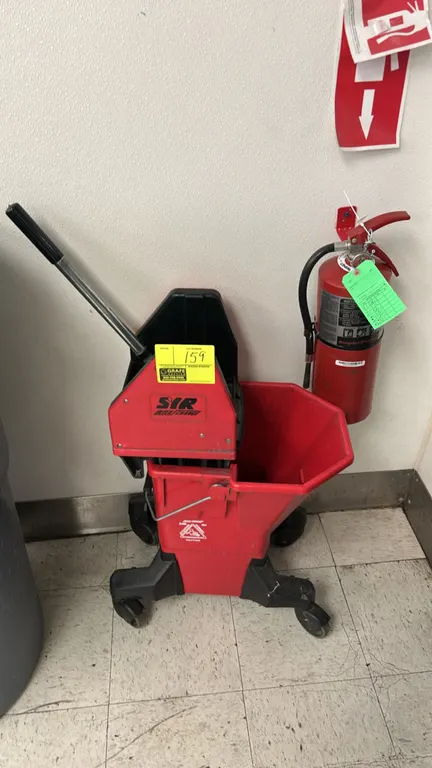 SIR polyethylene mop bucket combo. Features a mop wringer with lever handle, wire carry handle, and mobile 4-caster base. Fire extinguisher and trash
