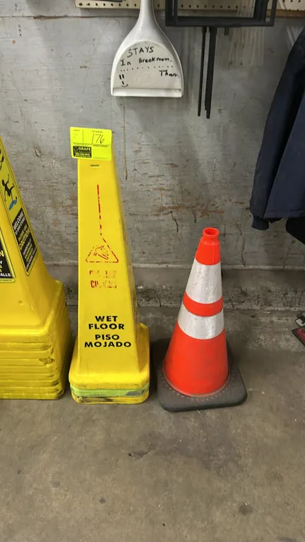 Poly safety cones. Includes (2) yellow 4-sided 'Wet Floor / Piso Mojado' caution cones and (1) orange traffic cone with dual reflective collars and we