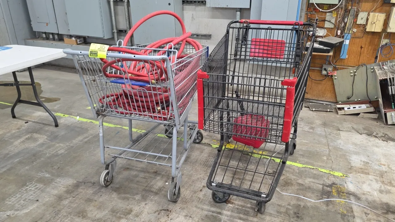 Metal shopping carts. Features wire basket construction, folding child seats, lower storage trays, and casters. Includes a quantity of red 3/4" ID mul