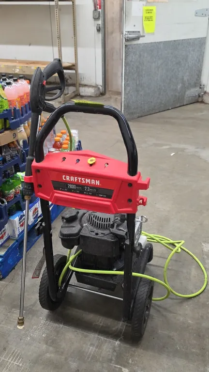Craftsman gas pressure washer. Powered by a Briggs & Stratton 163cc, 7.25 ft-lbs gross torque engine. Rated for 2800 max PSI and 2.3 max GPM. Includes