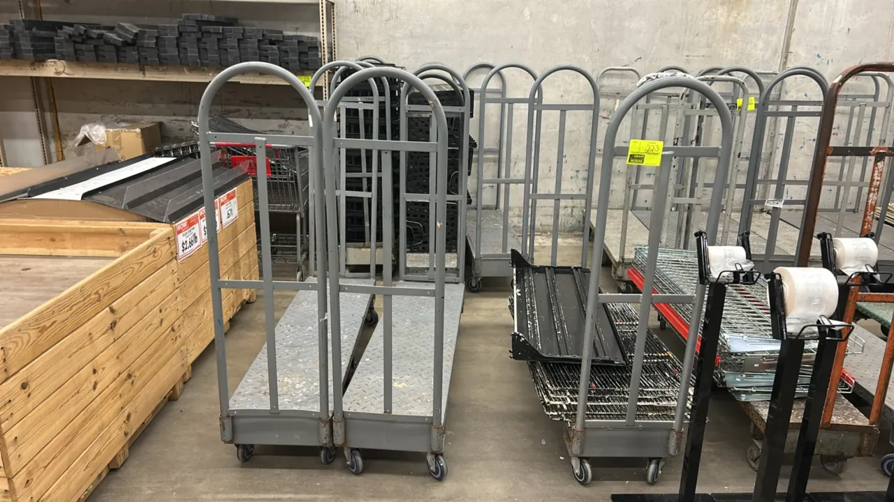 Metal diamond plate U-boat stocking carts. Features diamond plate decks and dual tubular end handles. 5'L. Mounted on casters. Contents not included.