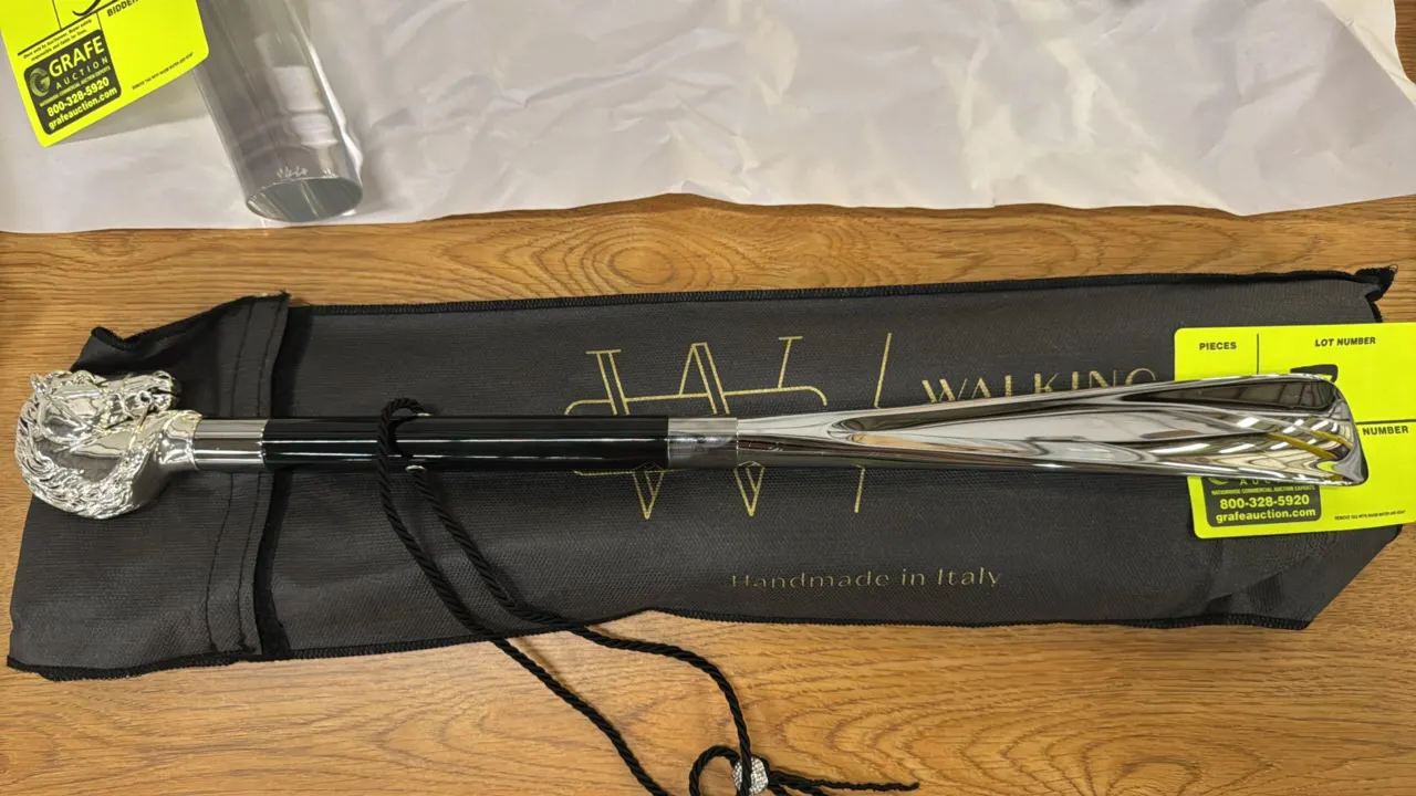 Walking Sticks horse theme shoe horn. Features a sculpted silver-tone horse head handle, black shaft, polished metal blade, and braided hanging cord.