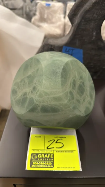 Global Views 3.31759 green alabaster square decorative object. Hand carved from genuine Volterra alabaster with a faceted geometric design. Made in It