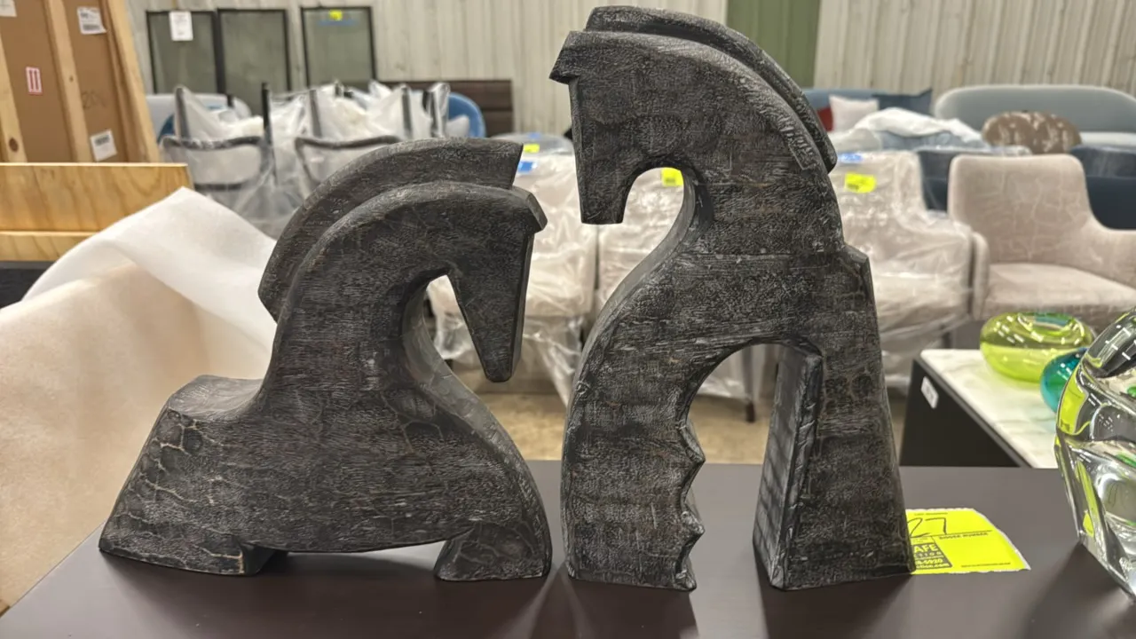 Lemieux wood horse decor. Features stylized carved wood construction with a textured, distressed dark finish. Dimensions: 12"H and 15"H.