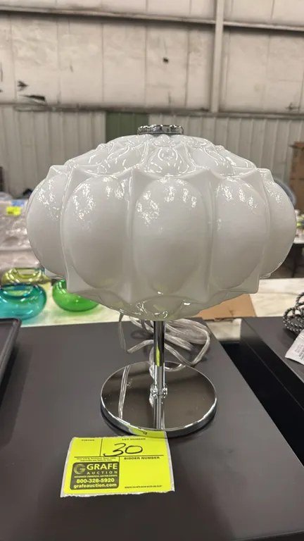 MM Lampadari Arabesque table lamp, model 16985L111. Features white textured art glass shade, polished chrome stem and round base, and clear power cord