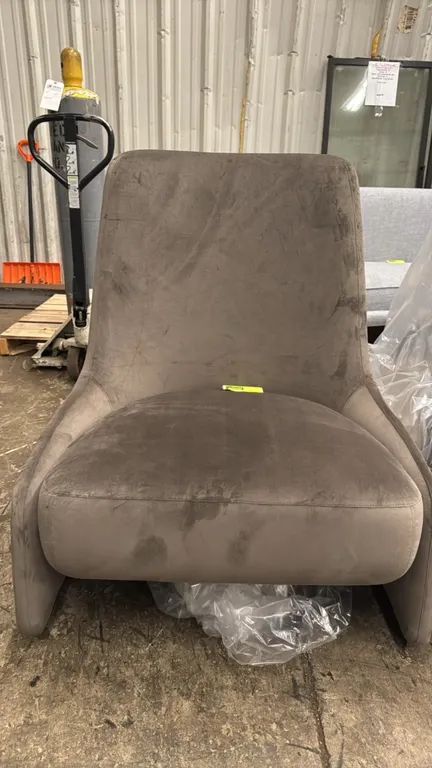 Bernhardt Furniture 3305BZ lounge chair. Features taupe fabric upholstery, high-back profile, and low sloping arms. Dimensions: 34" x 40"H. Note: Repr