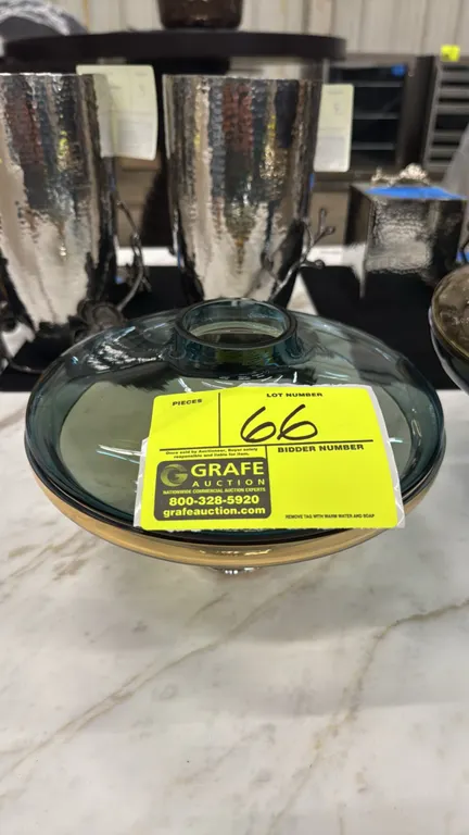 Global Views cobalt over amber glass vase. Features a wide disc-shaped art glass body with a cobalt blue upper section over an amber glass pedestal ba