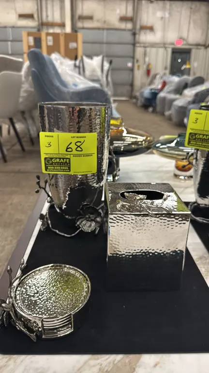 Michael Aram Black Orchid 3-piece decorative accessory set. Includes a medium vase, square tissue box cover, and coaster set with caddy. Features hamm