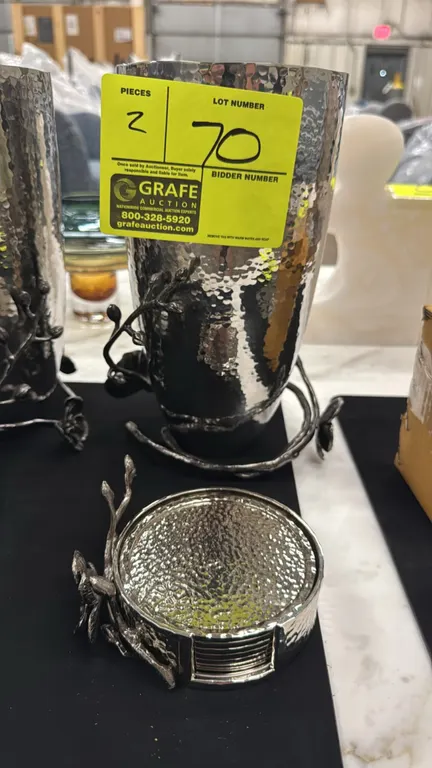 Michael Aram Black Orchid medium vase and coaster set. Features hammered metal construction with sculptural blackened orchid branch accents. Includes