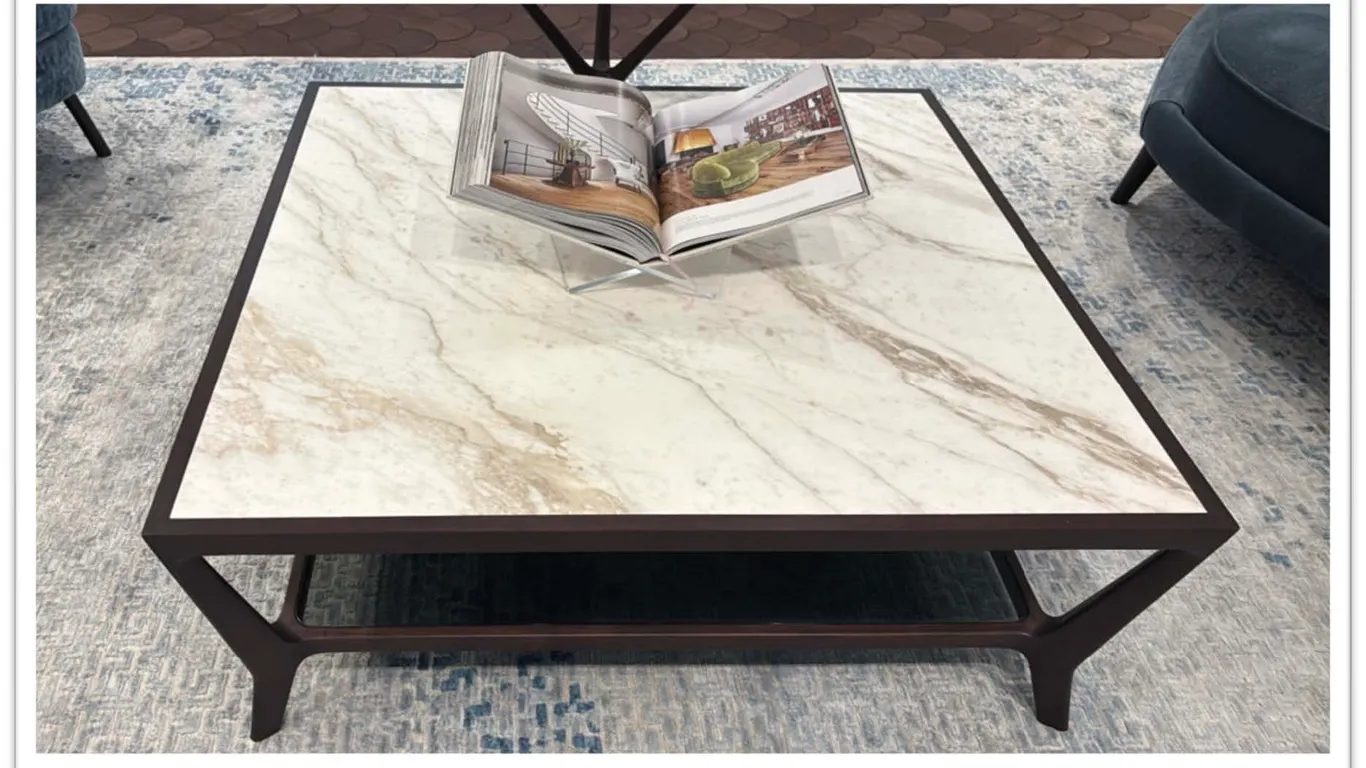 Ceccotti Collezioni Petit Dîner coffee table. Features a dark wood frame with alabaster inlay top and angled legs. Dimensions: 43" x 43" x 15". Conten