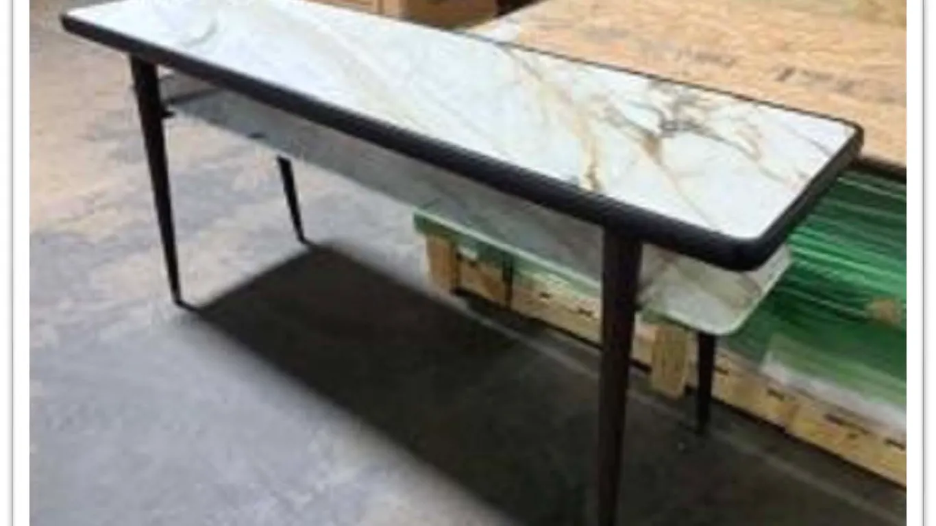 Wood console table with alabaster inlay and lower shelf. Features dark wood frame, tapered legs, and matching alabaster lower shelf insert. Dimensions