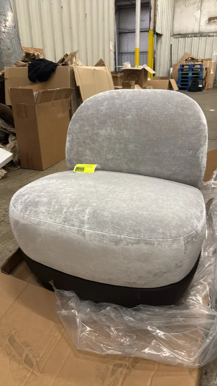 Bernhardt Design 5730W upholstered mobile lounge chair. Features plush light gray textured fabric upholstery, dark brown back panel and base trim, and