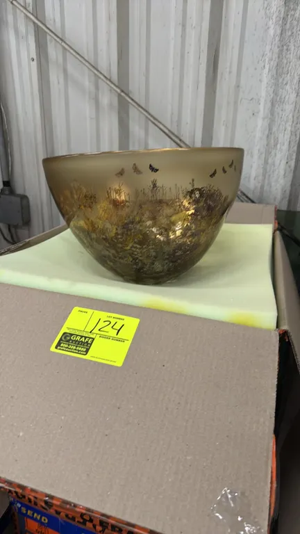 A Decorative Etched Art Glass Bowl. (Sabbia Gallery) A studio art glass bowl featuring an etched landscape motif with butterfly silhouettes and metall
