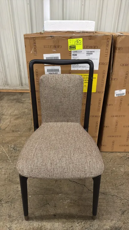Giorgetti 9580 Ibla upholstered dining chairs. Features textured Chivasso Gentle Soul fabric upholstery, solid ash wood frame in anthracite grey finis
