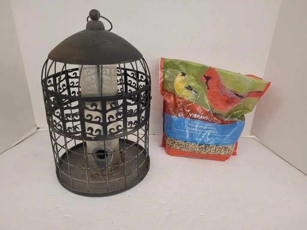 12" Tall Bird Feeder & Partial Bag of Bird Feed