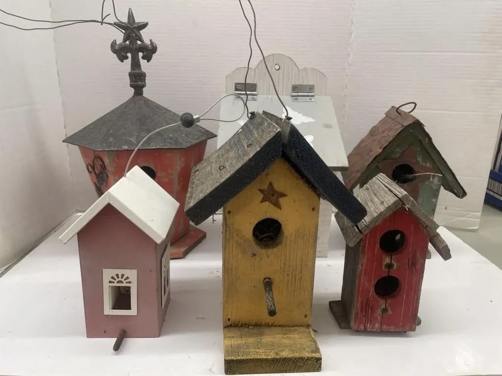 Group of six novelty birdhouses. Some may need