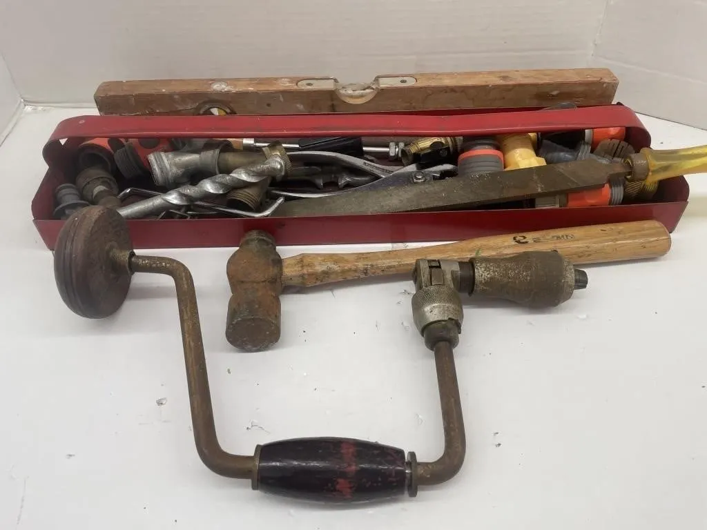 Brace bit drill, in wooden level, toolbox tray