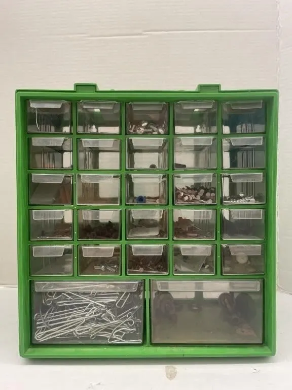 Portable parts organizer with assorted fasteners.