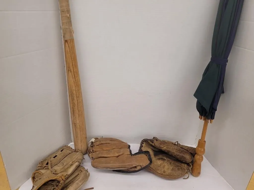 3 Baseball Gloves, Umbrella, Baseball Bat