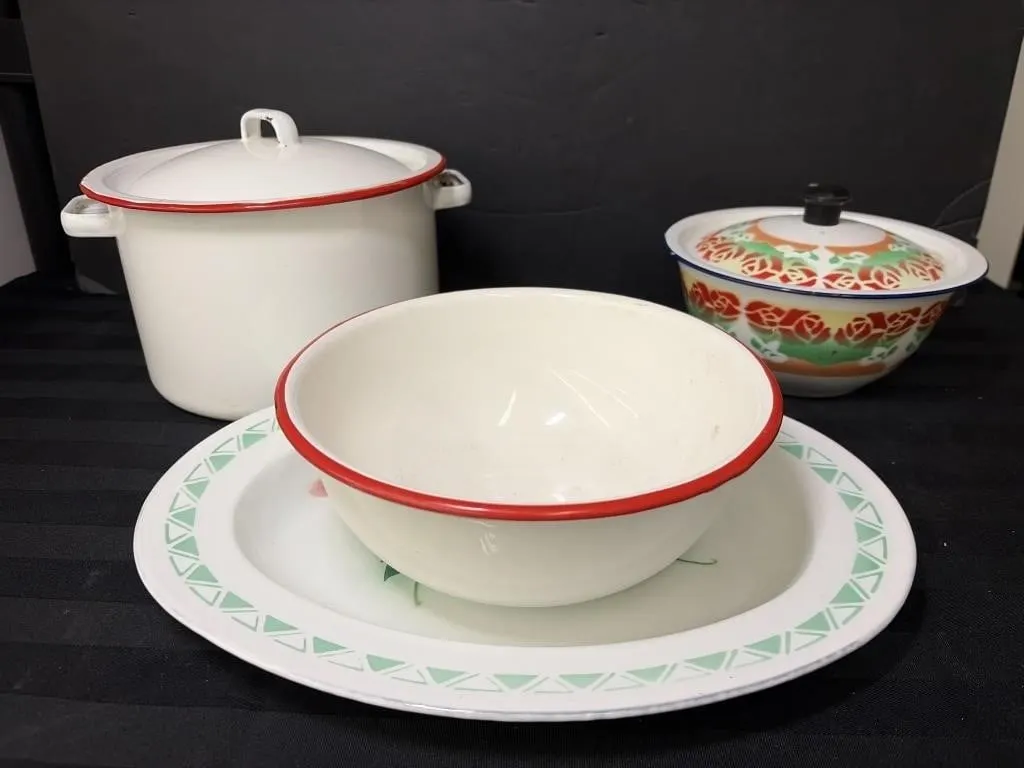 Vintage-style white enamelware