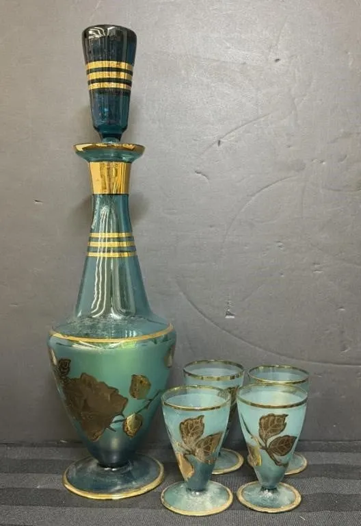 Vintage aqua blue and gold decanter set