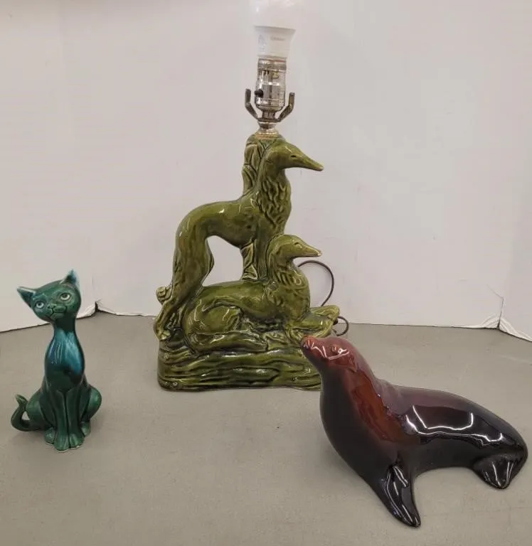 Ceramics- 16" Green Lamp, 8" cat , 9" seal