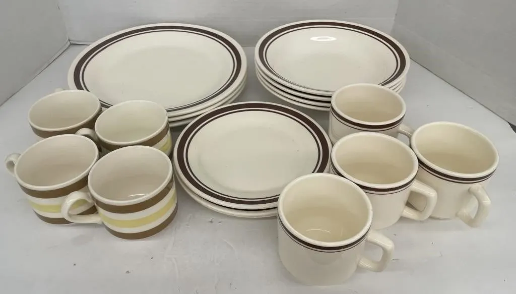 Vintage stoneware dinner plates, bowls, side