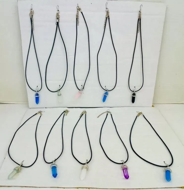 Ten-pack of crystal necklaces. Various colours.