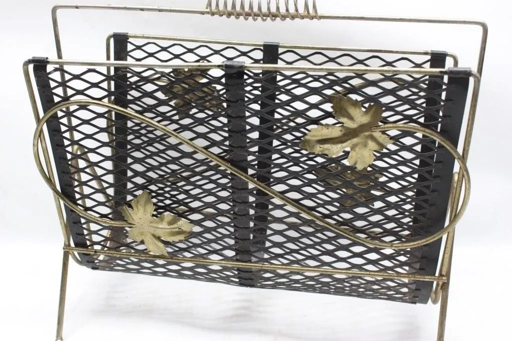 Mid-Century Wire Magazine Rack with Brass Leaf