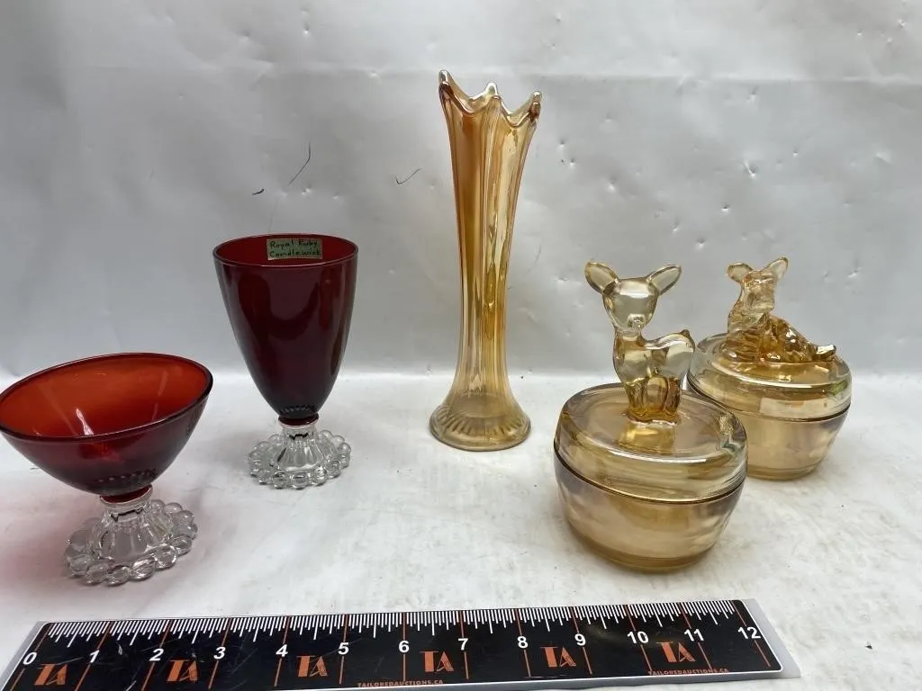 Carnival Glass Vase, Deer Trinket Dishes & Ruby