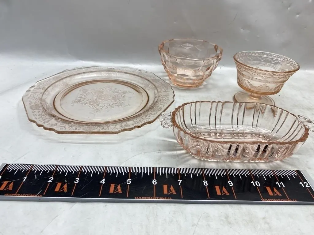 Pink Depression Glass Serving Set: Plate, Bowls &