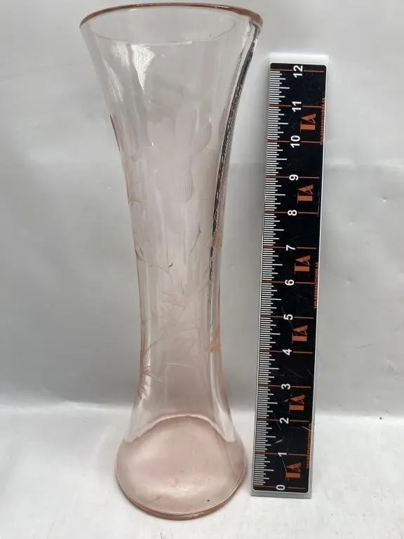 Pink Etched Glass Vase with Floral Design