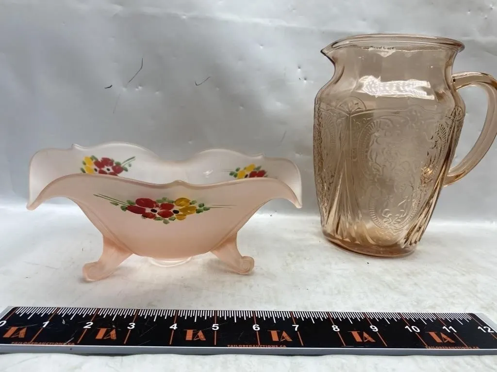 Pink Depression Glass Bowl & Royal Lace Pitcher