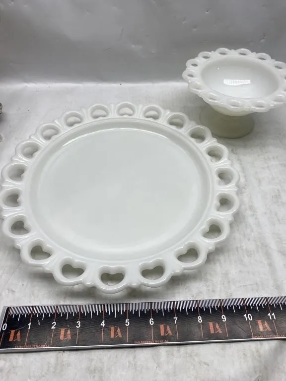 Milk Glass Lace Edge Plate & Compote