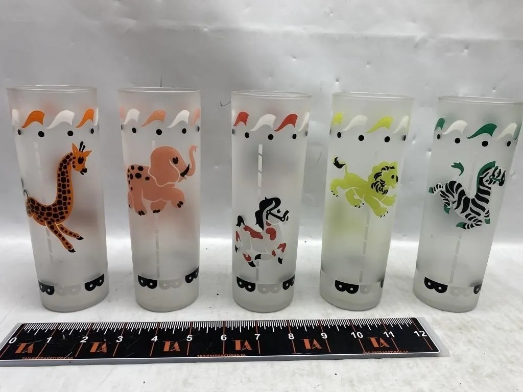 Set of 5 Frosted Carousel Animal Highball Glasses