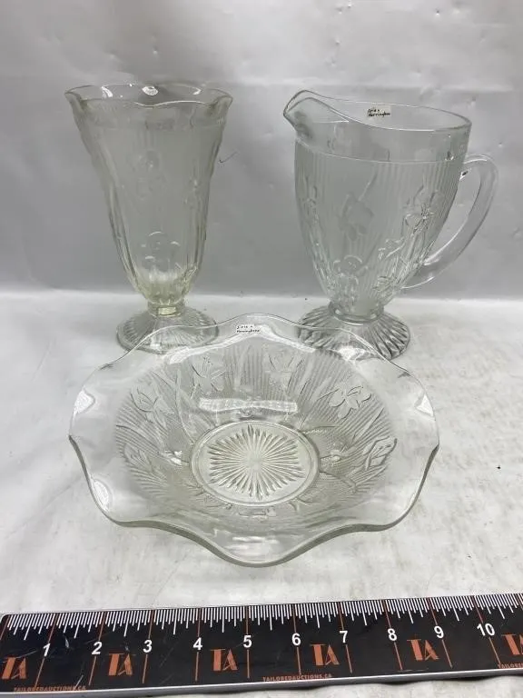 Iris & Herringbone Depression Glass, 3 pieces