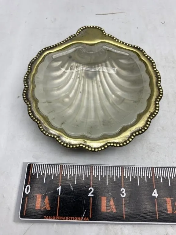 Frosted Glass Shell Dish with Brass Beaded Base