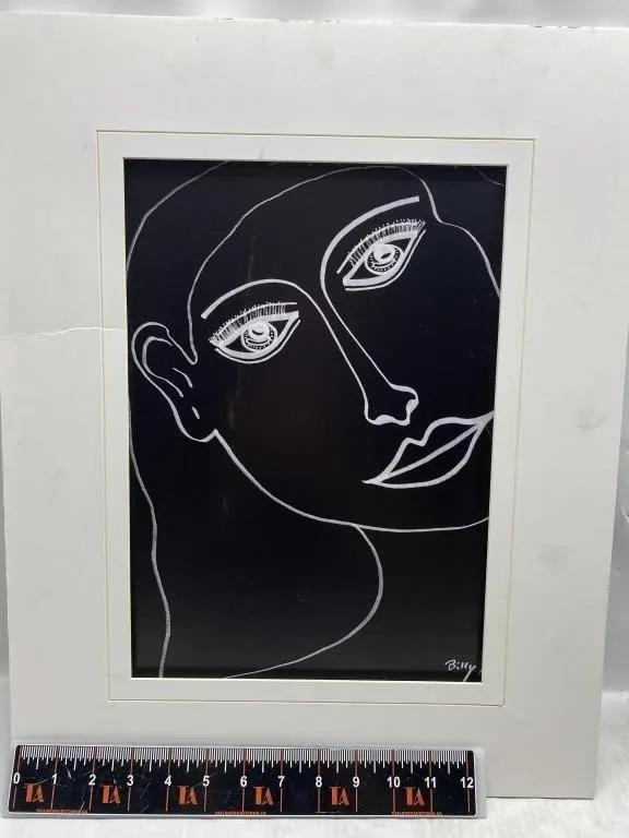 Framed Abstract Face Line Art, Signed "Billy"