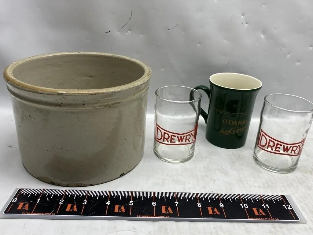 Stoneware Crock, Drewrys Glasses & O'Darby Mug