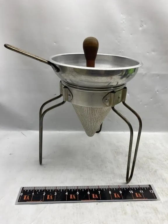 Aluminum Food Mill/Ricer with Wood Pestle on Stand