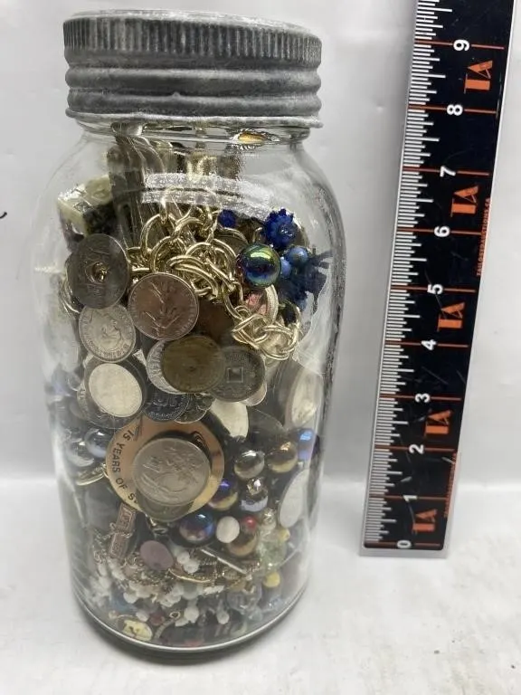 Jar of Coins, Jewelry, Beads & Trinkets