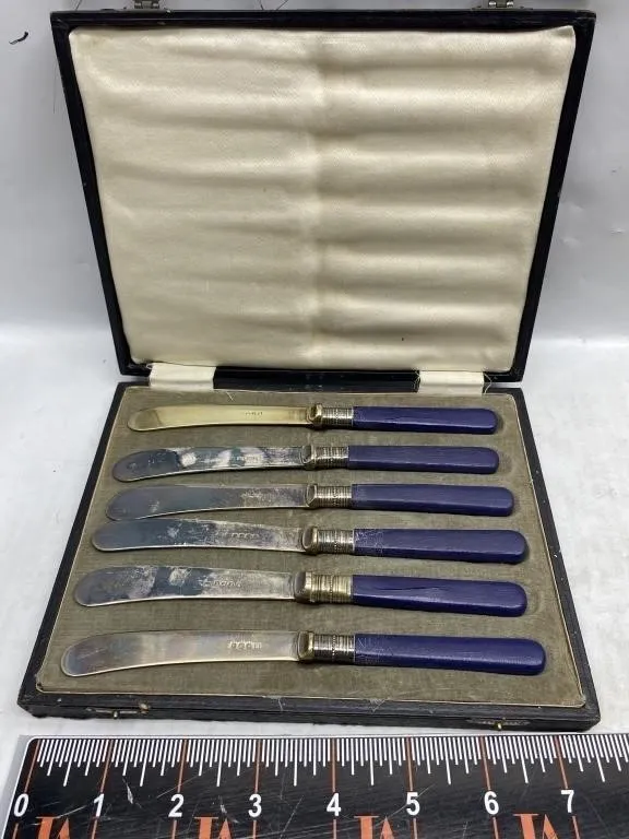 Set of 6 Silver-Plate Butter Knives, Blue Handles