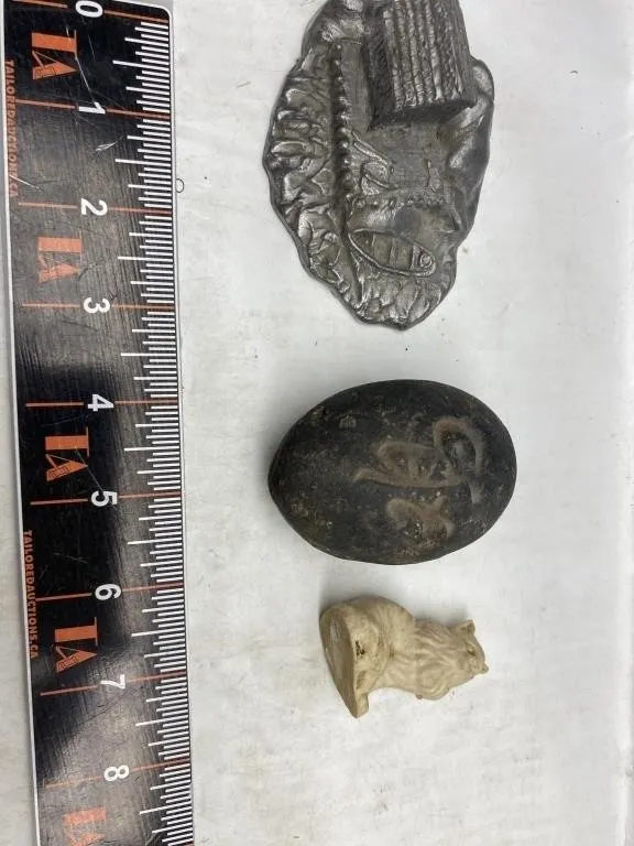 Metal Plaque, Carved Stone & Figurine Group